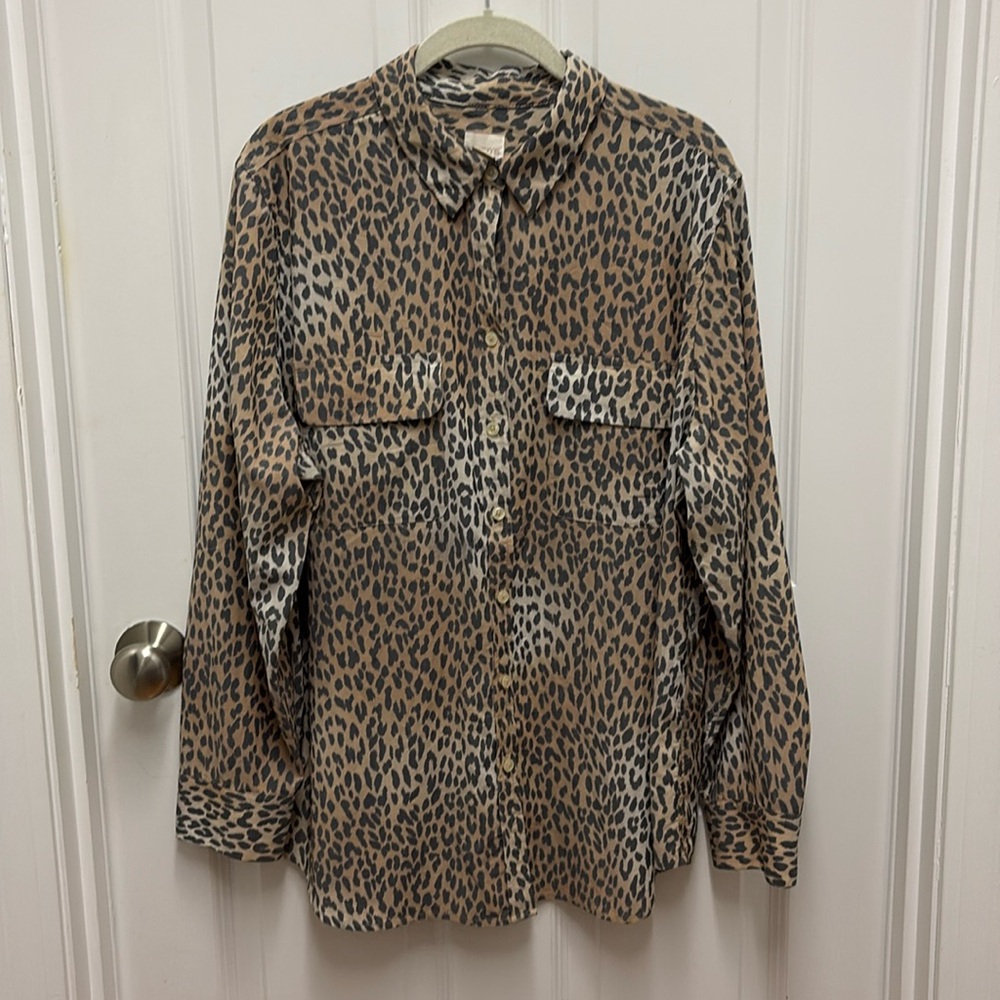 Chico's Leopard Print Blouse Tan and Cream Button-Up Size 3